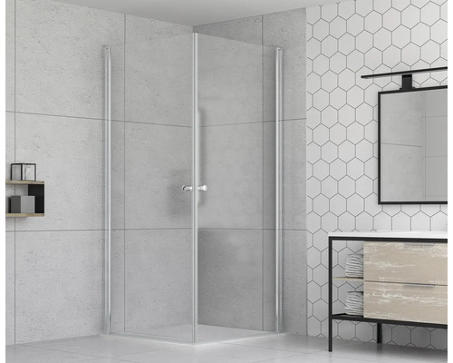 Rohová sprcha s čírymi sklenenými stenami v kúpeľni