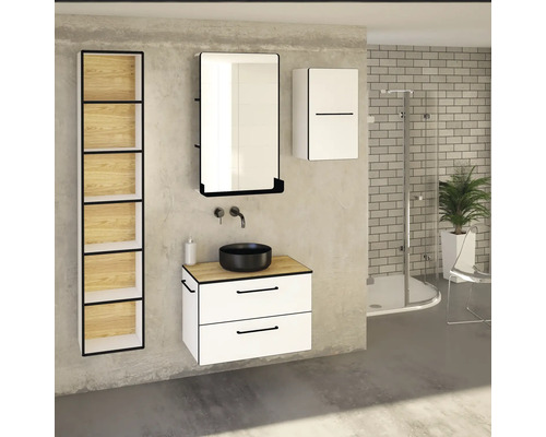 Vybavenie kúpeľne s umývadlovou skrinkou, zrkadlovou skrinkou a policovým prvkom