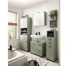 Kúpeľňa s umývadlom, zrkadlovou skrinkou, vysokou skrinkou a policami vo svetlom dizajne