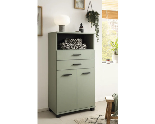 Vysoká skriňa so zásuvkami a dvierkami na uloženie kúpeľňových potrieb