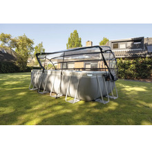 Obdĺžnikový rámový bazén so zastrešením bazéna v záhrade