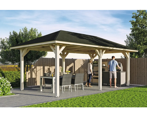 Drevený záhradný altánok s jedálenským stolom, stoličkami a grilom