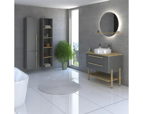 Kúpeľňa s umývadlom, zrkadlom, skriňou a rastlinou