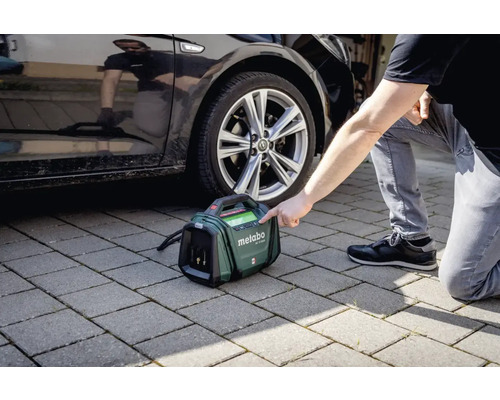 Logo Metabo. Akumulátorový kompresor Metabo na nafúkanie pneumatiky automobilu.