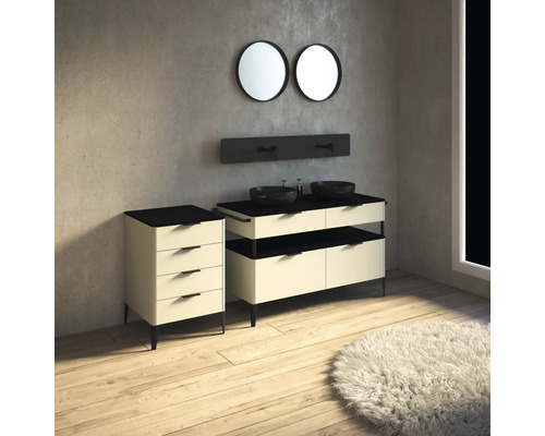 Moderná kúpeľňová súprava s umývadlom, spodnou skrinkou a okrúhlymi zrkadlami