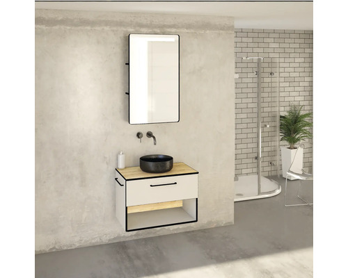 Kúpeľňa s umývadlovou skrinkou, zrkadlom, sprchou a rastlinou