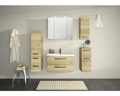 Kúpeľňový set s umývadlovou skrinkou, zrkadlovou skrinkou a vysokými skrinkami v modernom dizajne