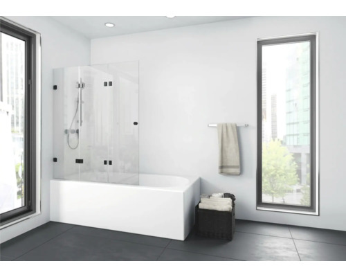 Vaňová zástena 3-dielna Aurlane Black Soul 3 120 cm x 140 cm dekor skla číre sklo barva profilu čierna BWF311 Moderná kúpeľňa s vaňou, sklenenou sprchovou zástenou a držiakom na uteráky.