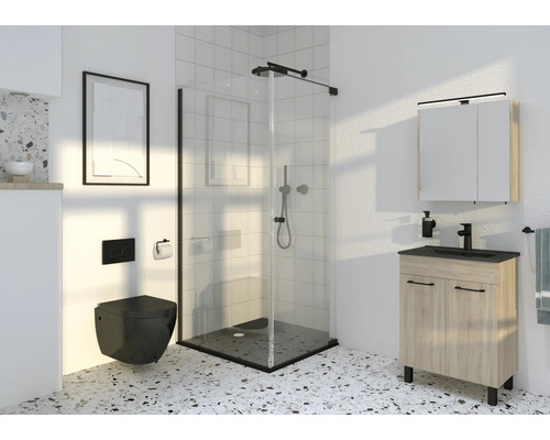 Moderná kúpeľňa so sprchovacím kútom, skrinkou pod umývadlo, zrkadlovou skrinkou a závesným WC