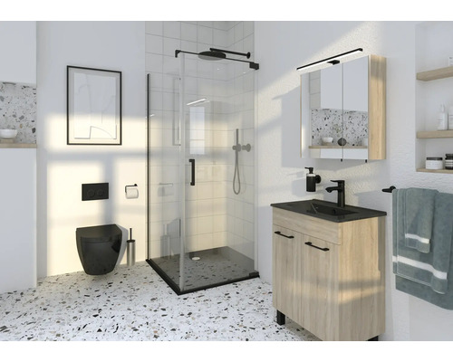 Moderná kúpeľňa so sprchou, skrinkou pod umývadlo a závesným WC.