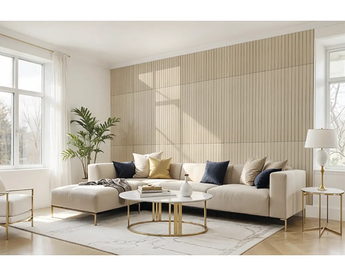 Svetlá obývacia izba s rohovou sedačkou, konferenčným stolíkom a stenovými panelmi