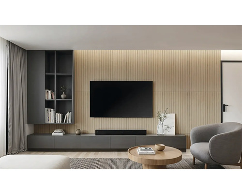 Obývacia izba s televízorom, regálmi a sedacím nábytkom