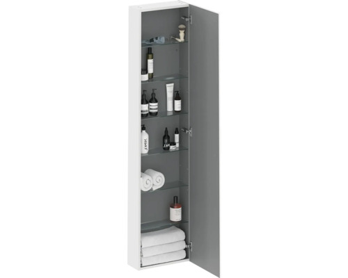 Kúpeľňová skrinka so sklenenými policami a rôznymi kúpeľňovými potrebami