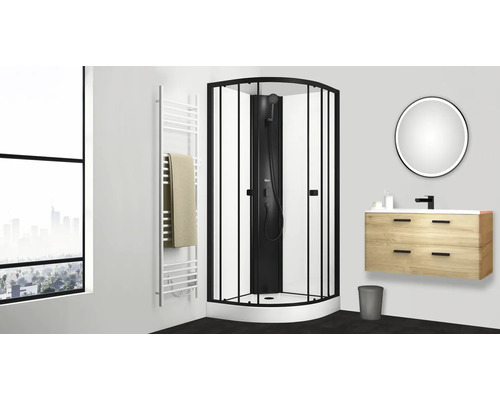 Moderná kúpeľňa s rohovým sprchovacím kútom, umývadlom a ohrievačom uterákov