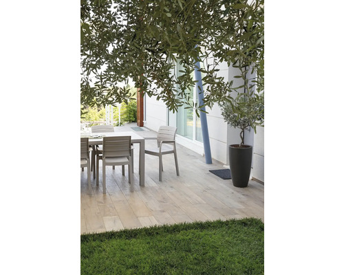 Terasa so záhradným stolom, stoličkami a olivovníkom v kvetináči