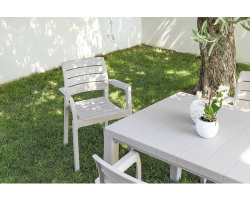 Záhradná scéna so záhradným stolom a záhradnými stoličkami na trávniku