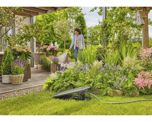 Záhrada s postrekovačom a ženou zalievajúcou rastliny