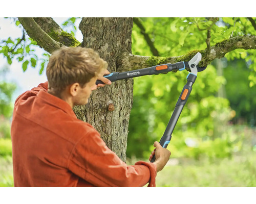 Muž strihá konáre stromov záhradnými nožnicami.