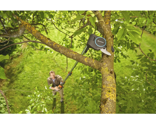 Záhradné nožnice na konáre Gardena pri práci na strome, v pozadí stojí osoba.