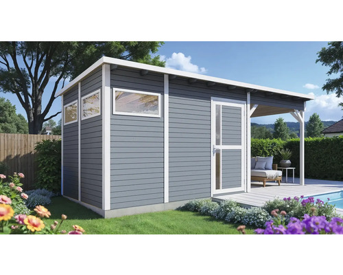 Záhradný domček Bertilo Man Cave Pentus 3L vr. podlahy a šikmé strechy 558x234 cm Sivý záhradný domček s oknami, dverami a zastrešenou terasou v záhrade