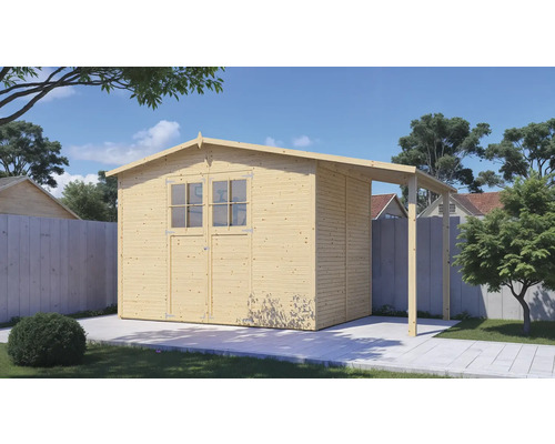 Drevený záhradný domček so strieškou v záhrade