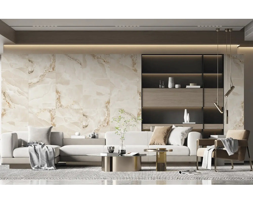 Obývacia izba s obkladovou stenou vo vzhľade mramoru, pohovka, kreslo a regály