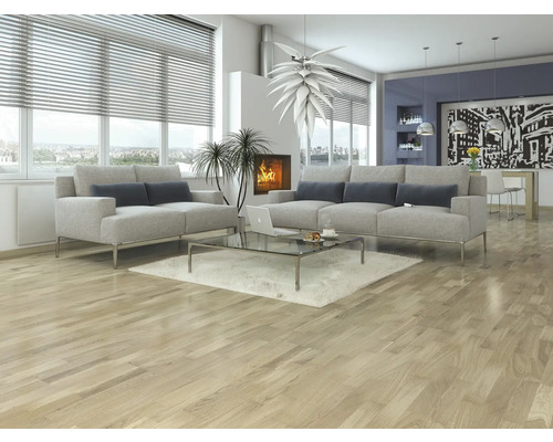 Svetlá obývacia izba s dvoma sivými pohovkami, konferenčným stolíkom a drevenou podlahou