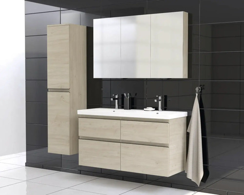 Moderná kúpeľňová súprava s umývadlovou skrinkou, zrkadlovou skrinkou a vysokou skrinkou