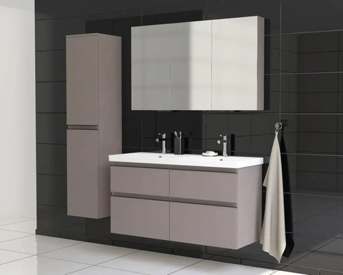 Moderný kúpeľňový komplet s umývadlom, zrkadlovou skrinkou a vysokou skriňou