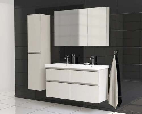 Kúpeľňová súprava s umývadlovou skrinkou, zrkadlovou skrinkou a vysokou skrinkou pred čiernym obkladom