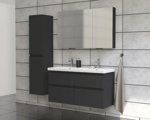 Moderný kúpeľňový set s umývadlovou skrinkou, zrkadlovou skrinkou a vysokou skrinkou