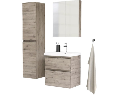 Kúpeľňová zostava s umývadlovou skrinkou, zrkadlovou skrinkou a vysokou skriňou