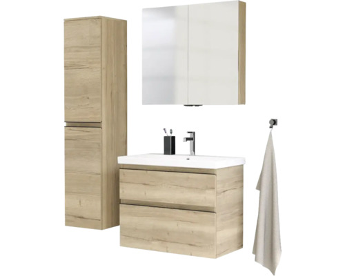 Kúpeľňová zostava s umývadlom, zrkadlovou skrinkou a vysokou skriňou