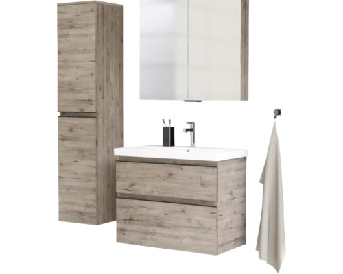 Kúpeľňový set s umývadlom, zrkadlovou skrinkou a vysokou skrinkou