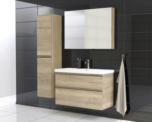 Kúpeľňový set s umývadlom, zrkadlovou skriňou a vysokou skriňou v modernom dizajne