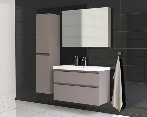 Kúpeľňový set s umývadlovou skrinkou, vysokou skrinkou a zrkadlovou skrinkou