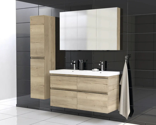 Kúpeľňový set s umývadlovou skrinkou, zrkadlovou skrinkou a vysokou skrinkou v modernom dizajne