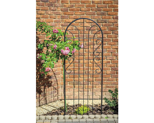 Kovová mreža na popínavé rastliny s ružami pred tehlovou stenou