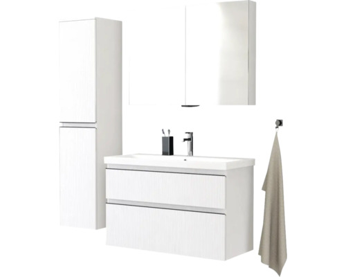 Kúpeľňová súprava s umývadlovou skrinkou, zrkadlovou skrinkou, vysokou skrinkou a držiakom na uteráky