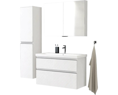 Kúpeľňový set s umývadlom, zrkadlovou skrinkou a vysokou skriňou