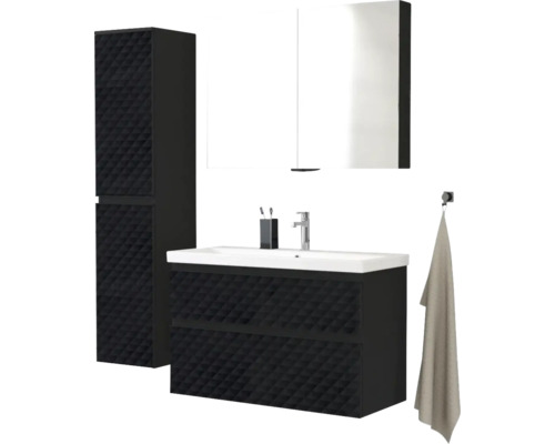 Kúpeľňový komplet s umývadlovou skrinkou, zrkadlovou skrinkou a vysokou skrinkou