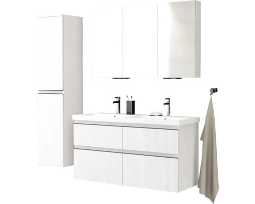 Kúpeľňový set s umývadlovou skrinkou, umývadlom, zrkadlovou skrinkou a vysokou skrinkou