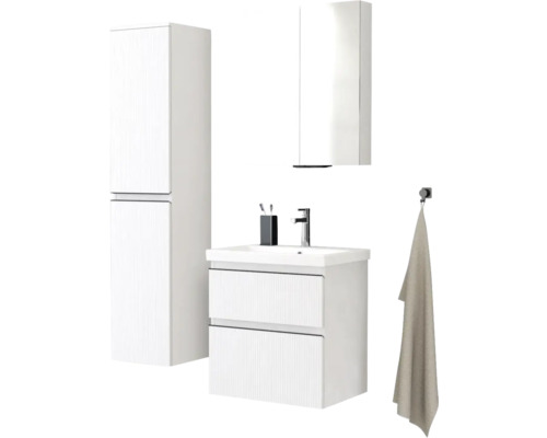 Biela kúpeľňová súprava s umývadlovou skrinkou, zrkadlovou skrinkou a vysokou skrinkou
