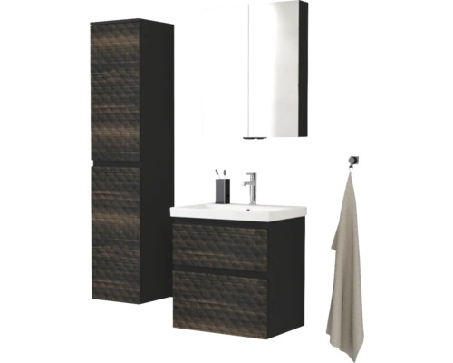 Kúpeľňový komplet s umývadlovou skrinkou, zrkadlovou skrinkou a vysokou skrinkou
