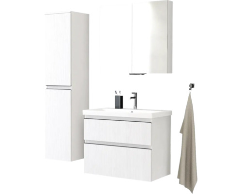Kúpeľňový set s umývadlovou skrinkou, zrkadlovou skrinkou a vysokou skriňou