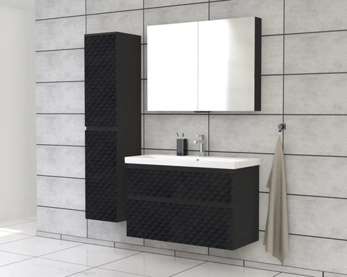 Moderná kúpeľňová súprava s umývadlom, zrkadlovou skrinkou a vysokou skrinkou v tmavom prevedení