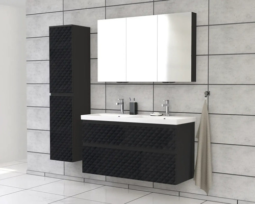 Kúpeľňový komplet s umývadlovou skrinkou, zrkadlovou skrinkou a vysokou skrinkou