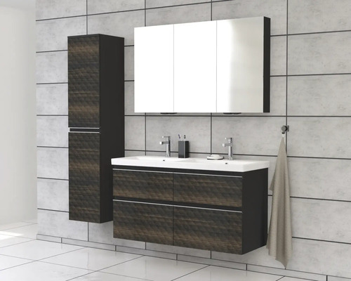 Moderná kúpeľňová súprava s umývadlovou skrinkou, zrkadlovou skrinkou a vysokou skrinkou.