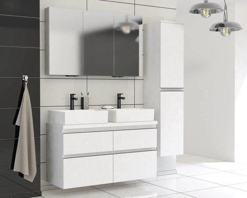 Moderný kúpeľňový nábytok so skrinkou pod umývadlo, dvoma umývadlami, zrkadlovou skrinkou a vysokou skriňou