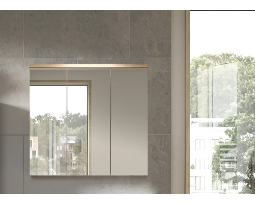 Zrkadlová skrinka v kúpeľni s niekoľkými dverami na stene.